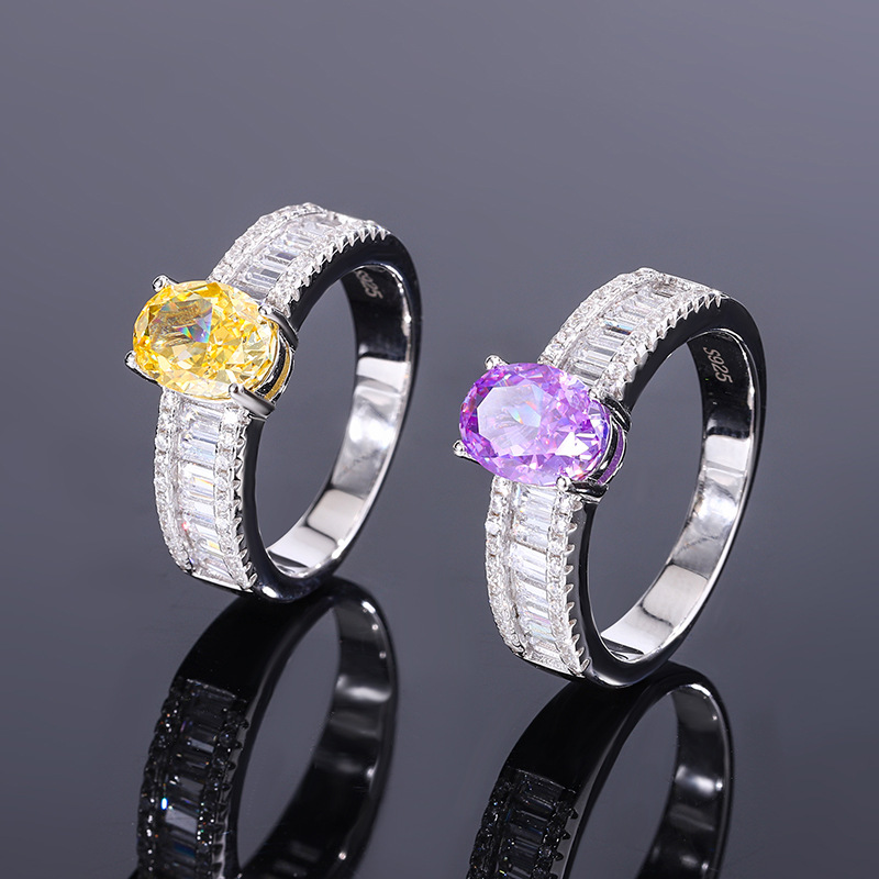 Zhuang sheng joyería S925 todo el cuerpo de plata de la venta caliente de imitación de color verdadero de alto carbono denier de diamantes en forma de anillo con incrustaciones de piedra principal 6*8