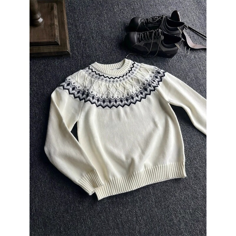 American Retro Fair Isle Boxy Sweater Men's Autum High-End Cable Long-Sleeved T-Shirt Heavy Shoulder Bottoming Shirt