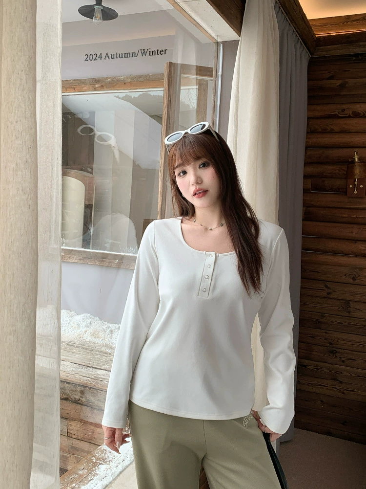 Multi-color soft and waxy double-sided German velvet large U-neck top for women with slightly chubby mm in spring plus size women's knitted bottoming shirt 63567