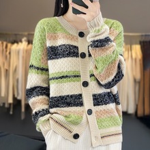 2023冬季新款韩版宽松条纹毛衣外套女甜美慵懒风撞色羊毛针织开衫