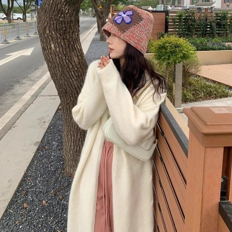 纯色中长款宽松过膝毛衣外套纯色新款慵懒温柔加厚针织开衫大衣女|undefined