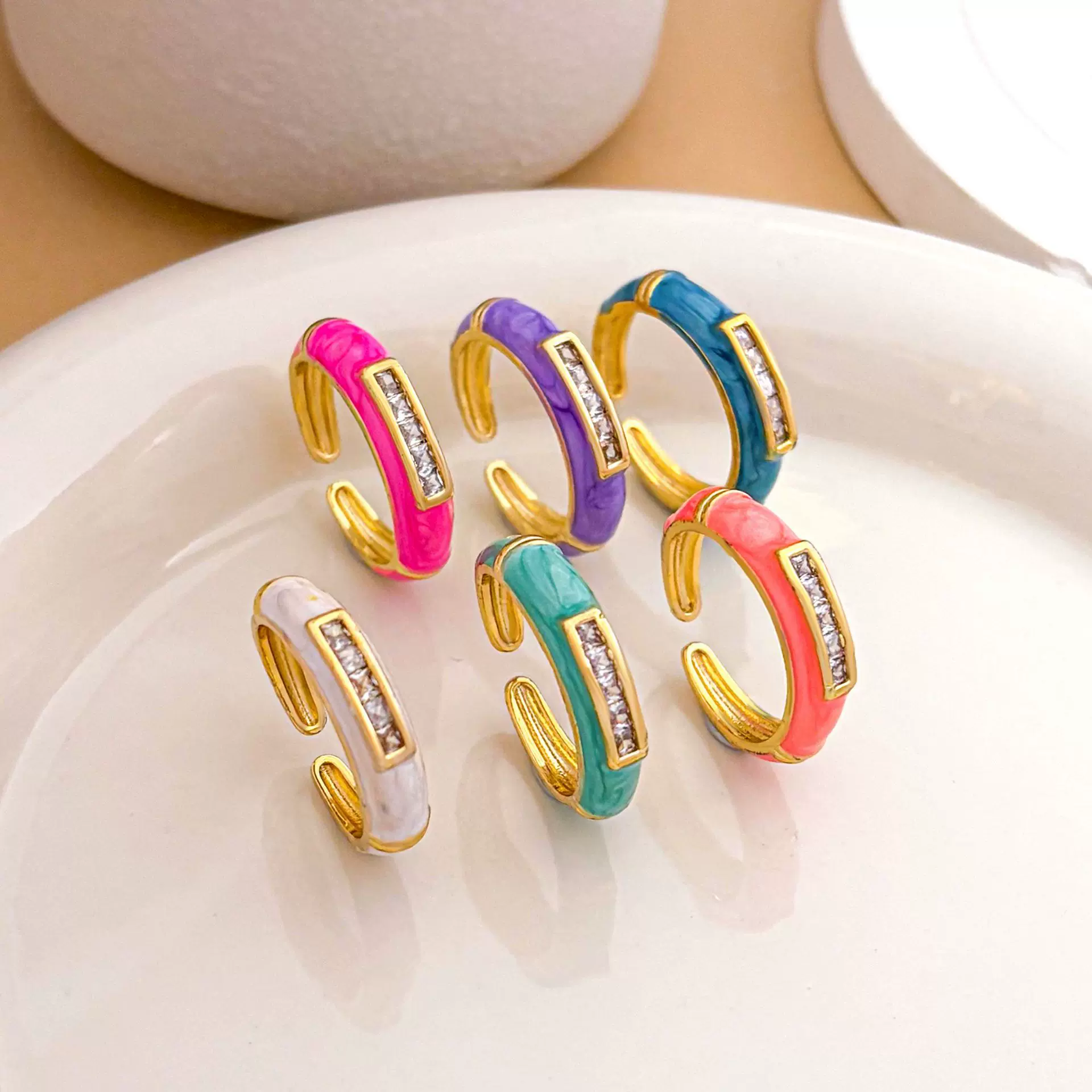 戒指跨境欧美简约方形彩色珐琅彩开口戒时尚小清新百搭不掉色配饰