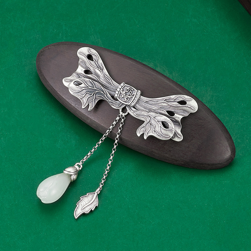 Sandalwood and Hetian Magnolia Tassel Bow Hairpin S925 Silver Butterfly Love Flower Hairpin Ancient Costume Hair Accessories Hair Accessories