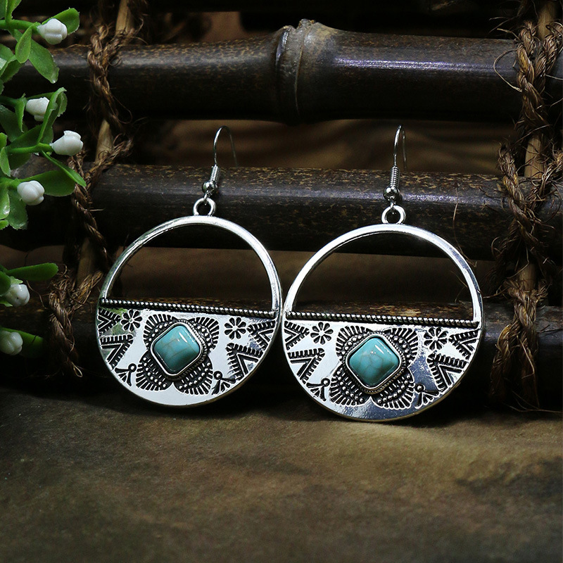 Wholesale Jewelry Casual Bohemian Round Rhombus Alloy Turquoise Hollow Out Inlay Drop Earrings display picture 3