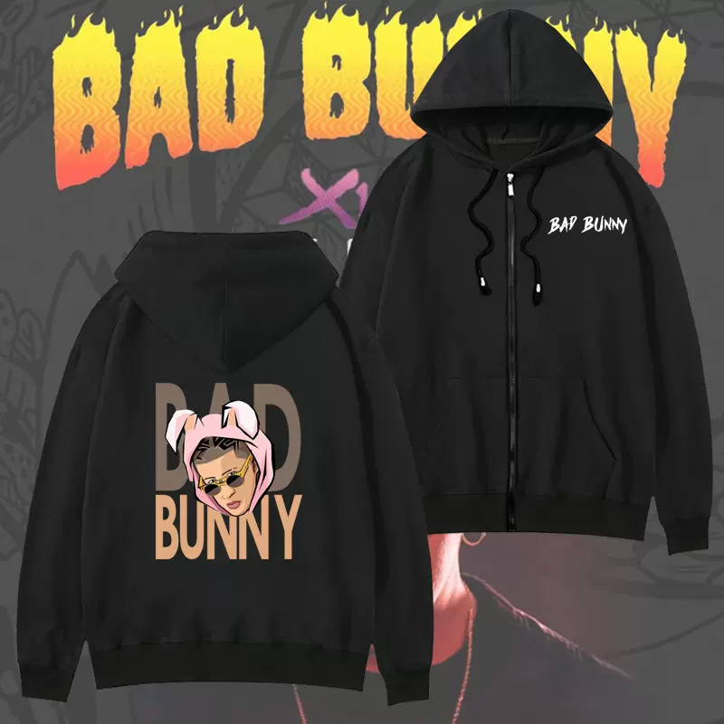 欧美歌手bad bunny长袖拉链卫衣坏痞兔人物印花暗黑系潮宽松连帽