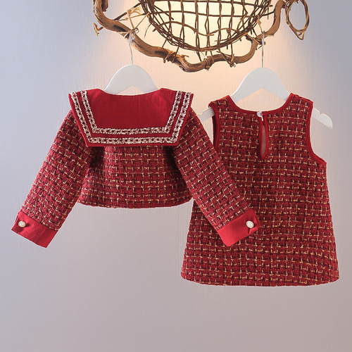 Set of Women's Children's Outfits for Autumn and Winter, Thickened Children's Girls' Jackets, Backless Skirts, Spring Dresses for Little Girls