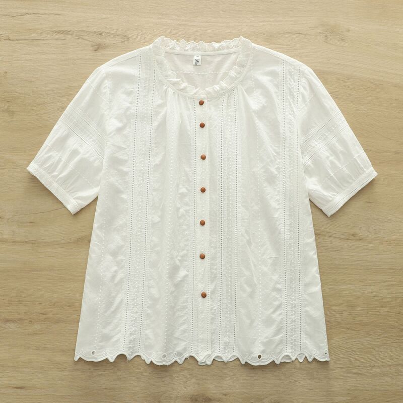 Korean-Style Elegant Lace Collar Heavy Embroidery Hollow-Out Short-Sleeve Shirt for Women, New Summer Cotton Jacquard Casual Top Korean-Style Elegant Lace Collar Heavy Embroidery Hollow-Out Short-Sleeve Shirt for Women, New Summer Cotton Jacquard Casual Top