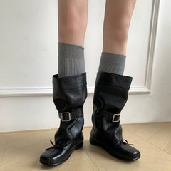 牛皮版~内增高西部牛仔靴女2025新款小个子褶皱堆堆靴粗跟骑士靴