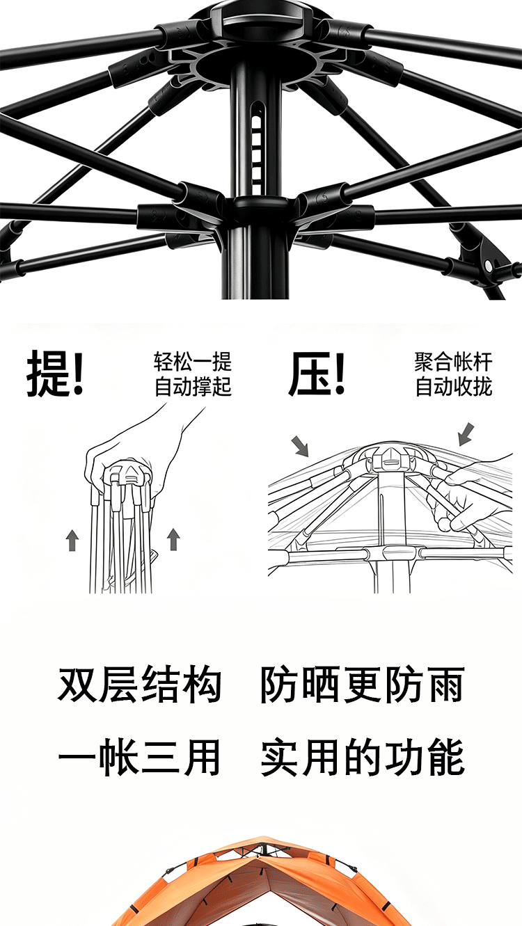 Outdoor tent, double-layer automatic quick-open Oxford fabric, rainproof, sun-proof, silver-coated, camping folding tent wholesale