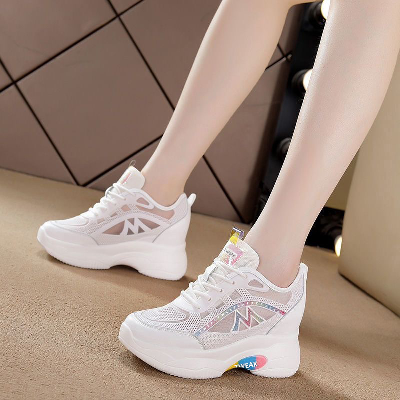 2023 Summer Thin Breathable White Shoes Summer Mesh Versatile Casual Sports Travel Height Increasing Women's Shoes