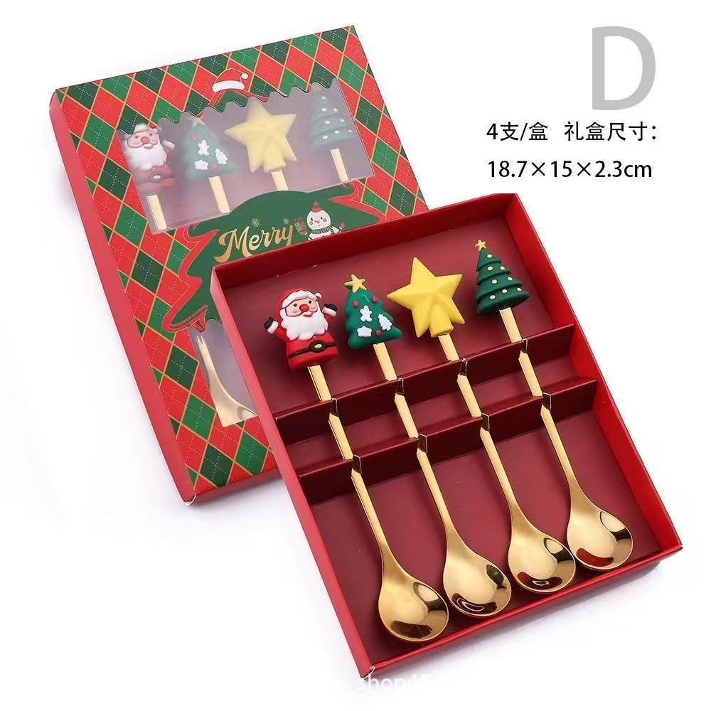 Cuchara de Navidad transfronteriza horquilla cubiertos de acero inoxidable árbol de Santa Claus cuchara de postre dibujos animados creativo conjunto de regalos de Navidad image 34