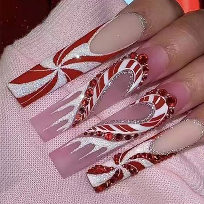 Christmas gift ribbon French love diamond fake Nail piece cross-border holiday wear Nail patch wholesale Nail Christmas gift ribbon French love diamond fake Nail piece cross-border holiday wear Nail patch wholesale Nail