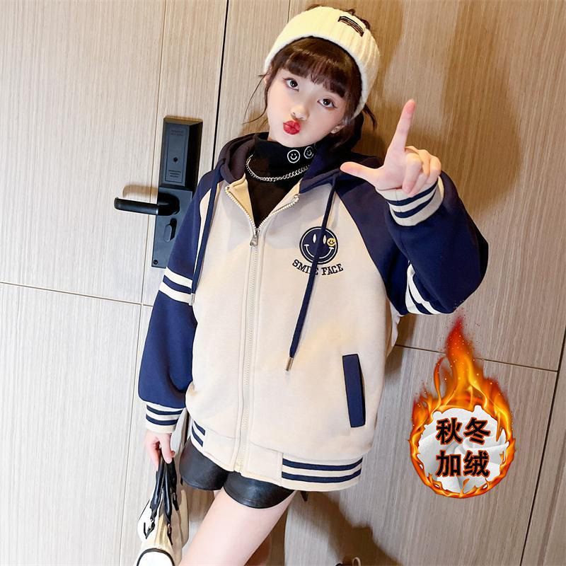Abrigo de las niñas forrado de vellón engrosado Otoño e Invierno suéter con capucha uniforme de béisbol medio y grande niños estilo occidental niñas cardigan top