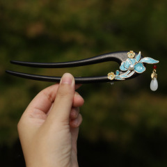 古风烧蓝滴油仿点翠花朵女紫光檀步摇流苏新中式高级感u型发簪