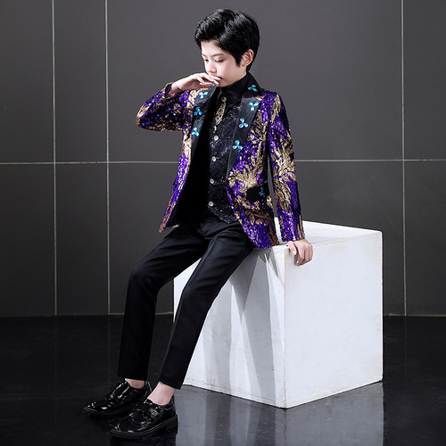 Children purple sequined flower boys kids jazz dance coats host singers dress suit blazer and pants piano stage catwalk costumes handsome British style outfits for kids