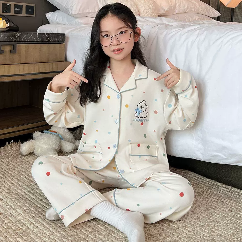 跨境儿童纯棉睡衣女2026春秋季新款长袖可爱甜美中学生女孩家居服