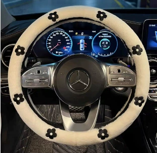 Steering wheel cover, Little Daisy Car Steering Wheel - white-rabbit-hair-embroidered-multiple-flower-steering-wheel-cover-38cm