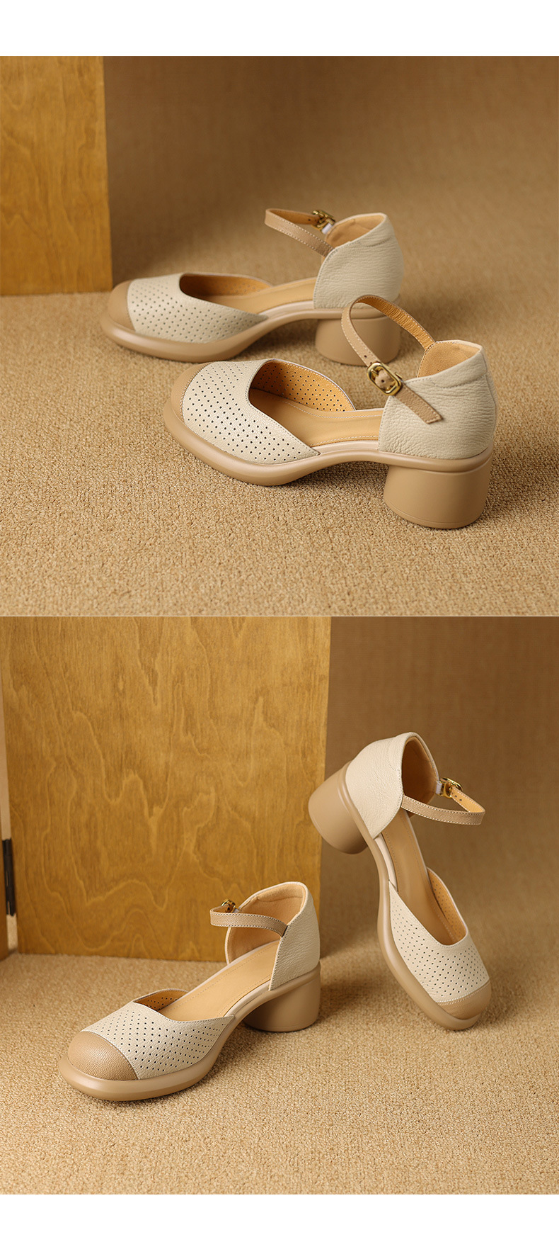 Sandal nữ mũi đục lỗ da cừu đế dày gót thô — Màu trắng be chi tiết 18