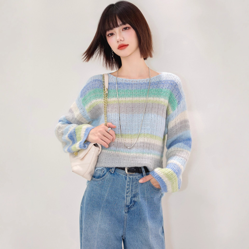 铭海 高级感混色针织衫2025年秋季甜美圆领毛衣女宽松慵懒风外套|undefined