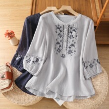 棉麻衬衫女2025年夏季新款刺绣宽松中袖文艺复古上衣