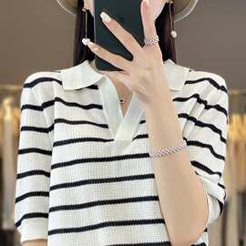 夏季新款精纺羊毛短袖女薄款Polo领条纹五分袖上衣宽松百搭打底衫
