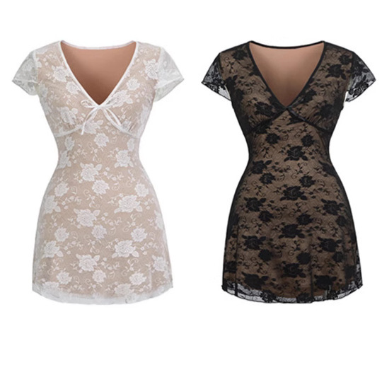 Pure Desire Sweet Hot Girl Sexy V Neck Bow Lace Patchwork Dress 2025 Summer Style Small Hip-Covering Short Skirt