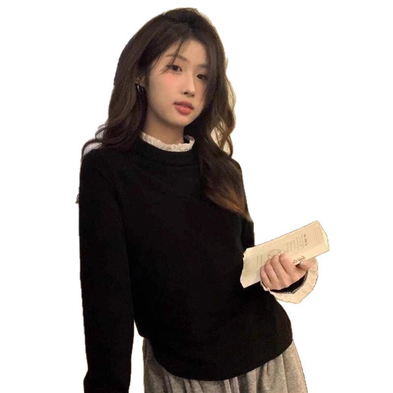 半高领蕾丝拼接长袖T恤双面加绒打底衫女花边内搭显瘦打底上衣女|undefined
