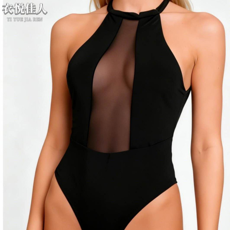 European and American fashion sexy backless bodysuit with mesh hollow-out design, figure-shaping one-piece swimsuit, sexy and alluring backless swimwear