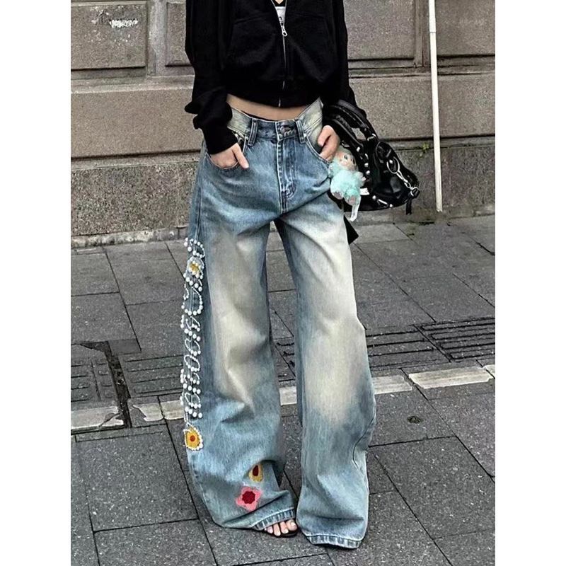 American Retro Design Three-Dimensional Floral Embroidery Jeans for Women, Niche Fashion Personality Floor-Length Pants