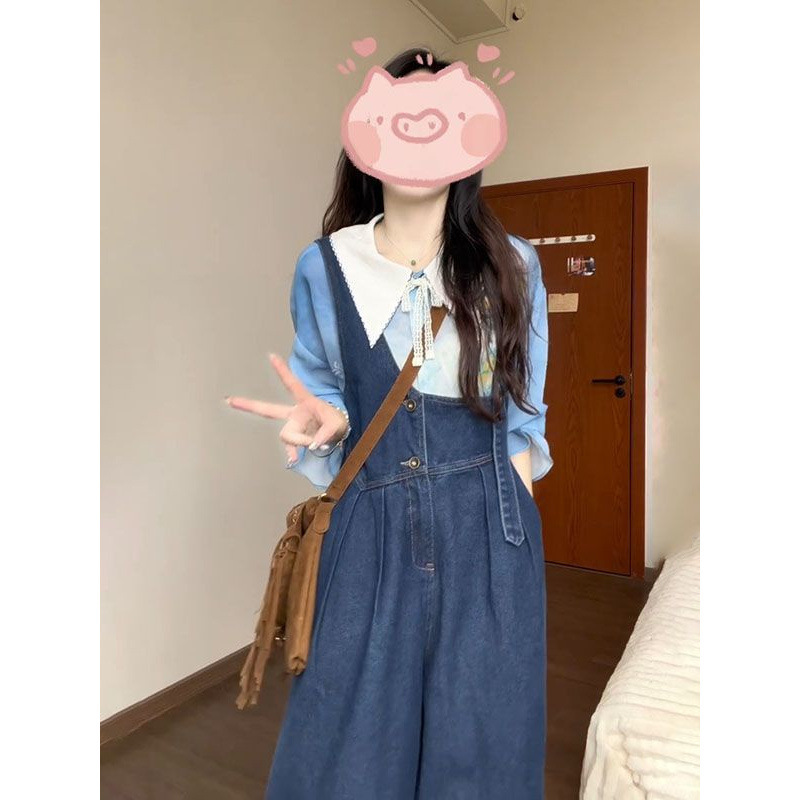 甜美贴布绣花不对称背带牛仔裤女春夏新款叠穿翻领印花衬衫两件套|undefined