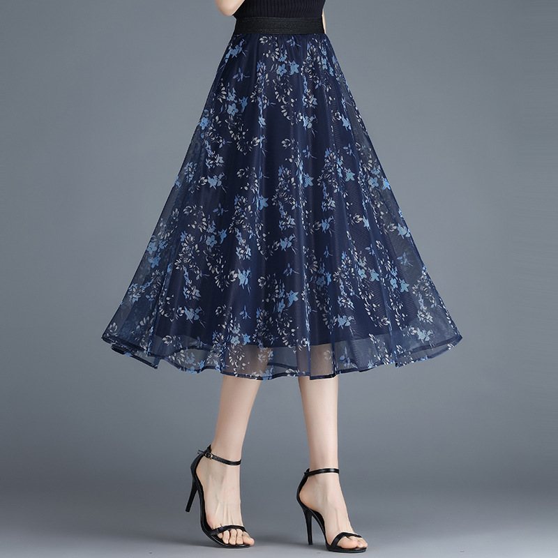 Organza Skirt Summer Mesh Skirt Slim Look Overskirt Not Hip Mid-Length A- Line Skirt High Waist Printed Umbrella Skirt for Women