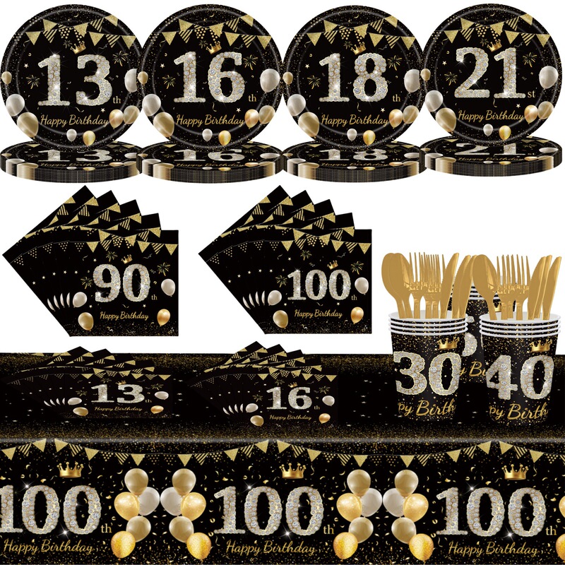 黑金周岁生日派对纸盘21岁30岁100岁纪念日一次性餐盘纸巾桌布|undefined