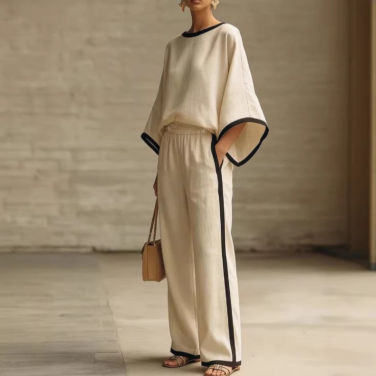 Women's Elegant Two Piece Set round Neck Batwing Sleeve Loose Fit Cotton Linen Top And Pants Outfit_ecoleips.com