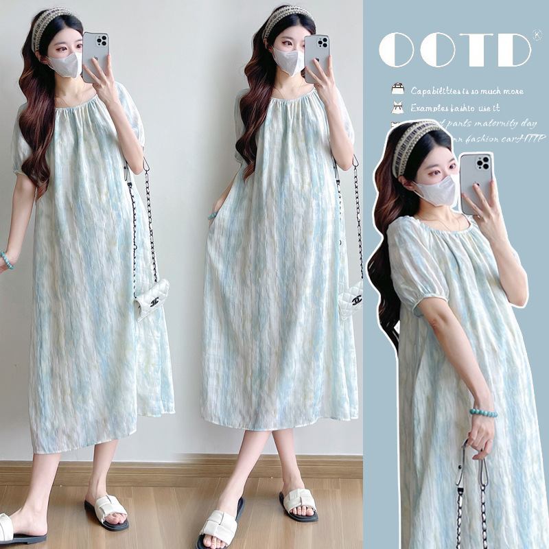 Maternity Wear Summer Skirt Mid-Length Loose Fashionable Square Neck Belly-Covering Long Skirt Fashionable Hot Mom Chiffon Dress for Women