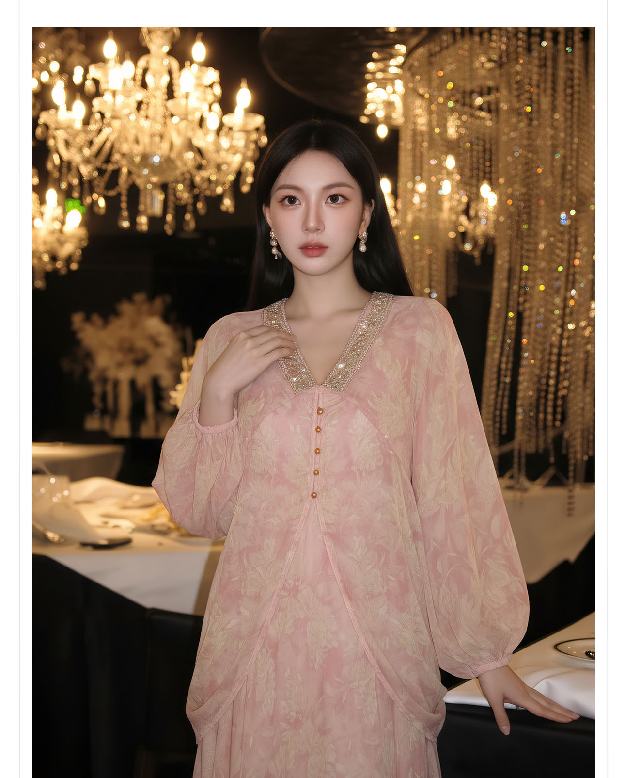 Đầm maxi nữ cổ V in hoa chất voan dài thắt eo thiết kế mùa hè — màu hồng chi tiết 5