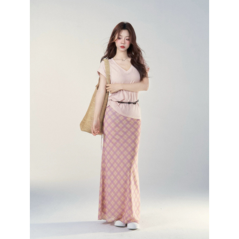 Complete Set of Three Tags, Berry Pink Plaid Skirt for Women, New Summer Style, Trendy Elastic Waist, Elegant and Slimming A-Line Long Skirt