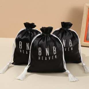 Black satin elastic satin cloth bag tassel drawstring bag imitation silk dustproof cloth bag factory custom