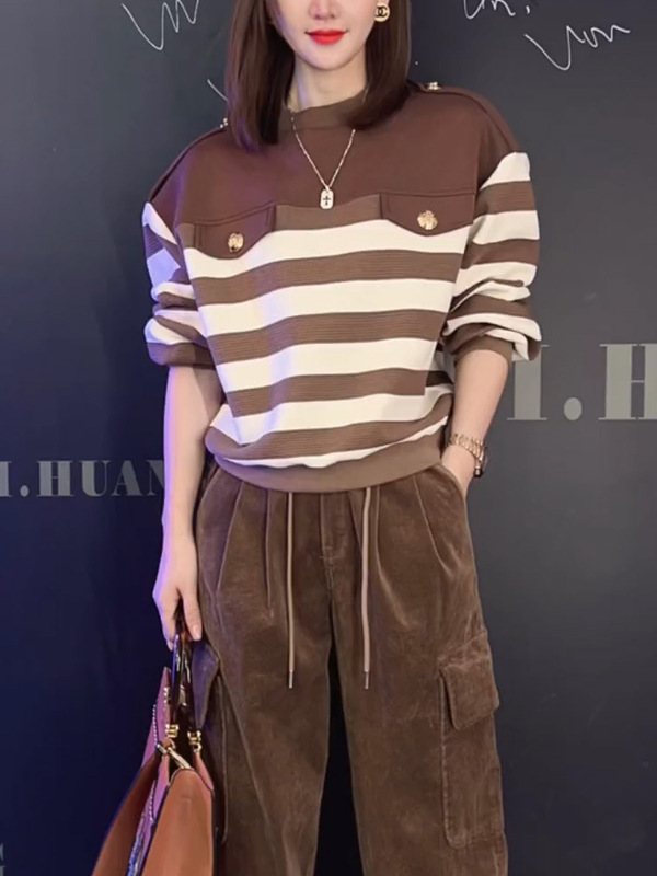 Autumn 2022 New Fashion Women's Suit All-match Slim Striped Round Neck Sweater Two-piece Korean Style