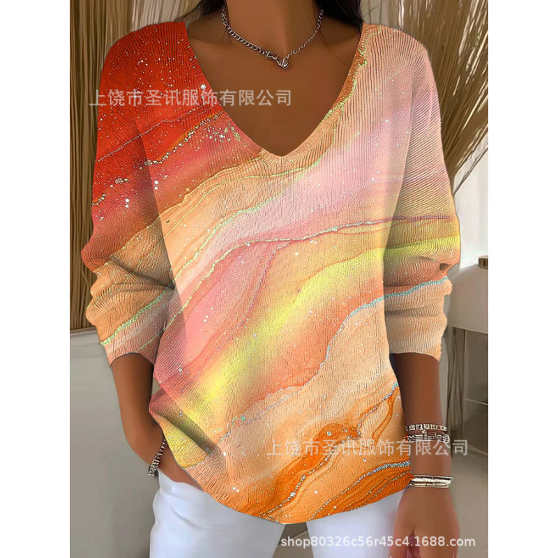 欧美跨境独立站新款3D印花女士时尚渐变色V领长袖T恤上衣|undefined