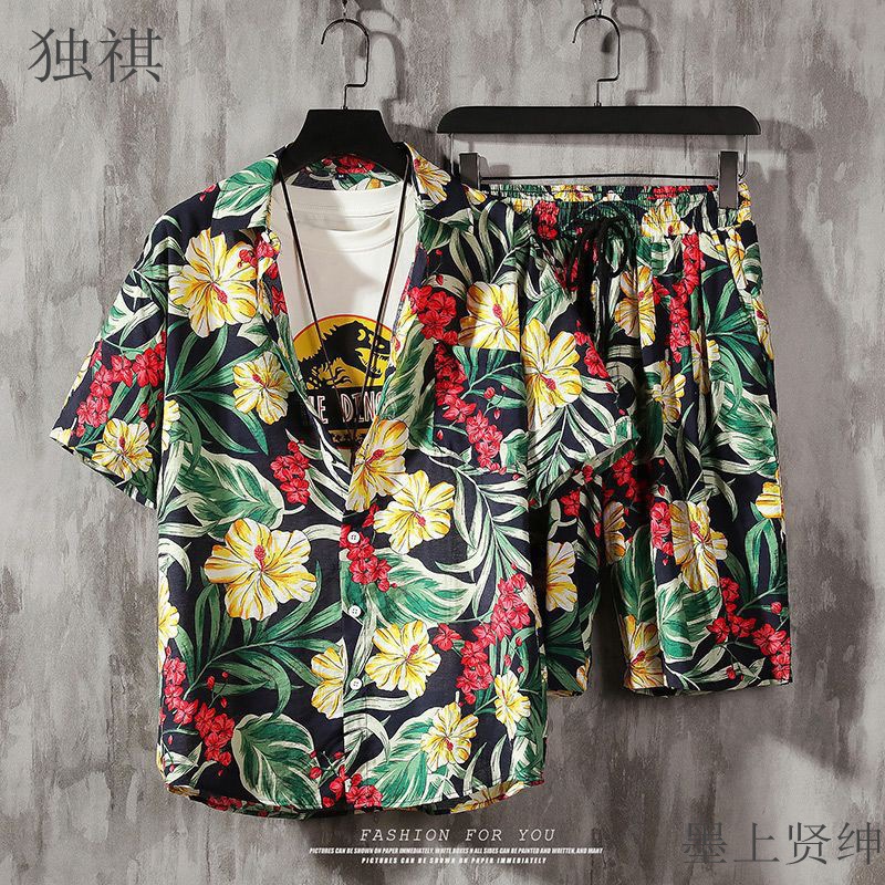 하와이안 비치 플라워 셔츠 세트 남자의 잘 생긴 세트 Ruffian 잘 생긴 유행 패션 반팔 반바지 힙합 투피스 복장