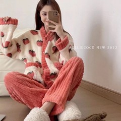 乌龙桃水蜜桃珊瑚绒睡衣秋冬加绒加厚家居服睡衣套装外穿仙女风女