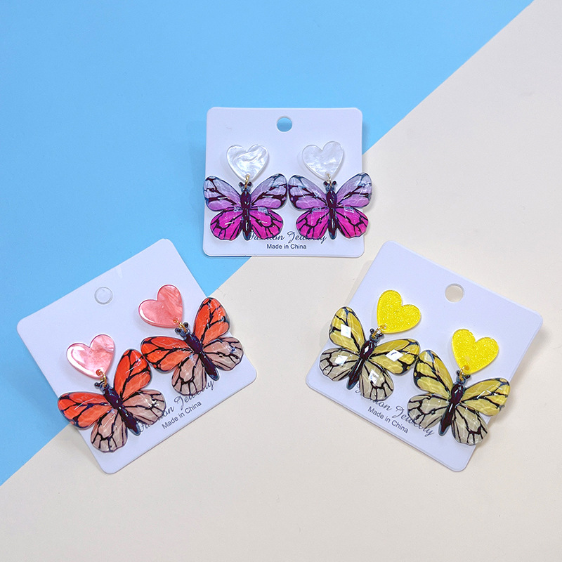 Women's Gender 1 Pair Sweet Artistic Gradient Color Heart Shape Butterfly Printing Arylic Drop Earrings