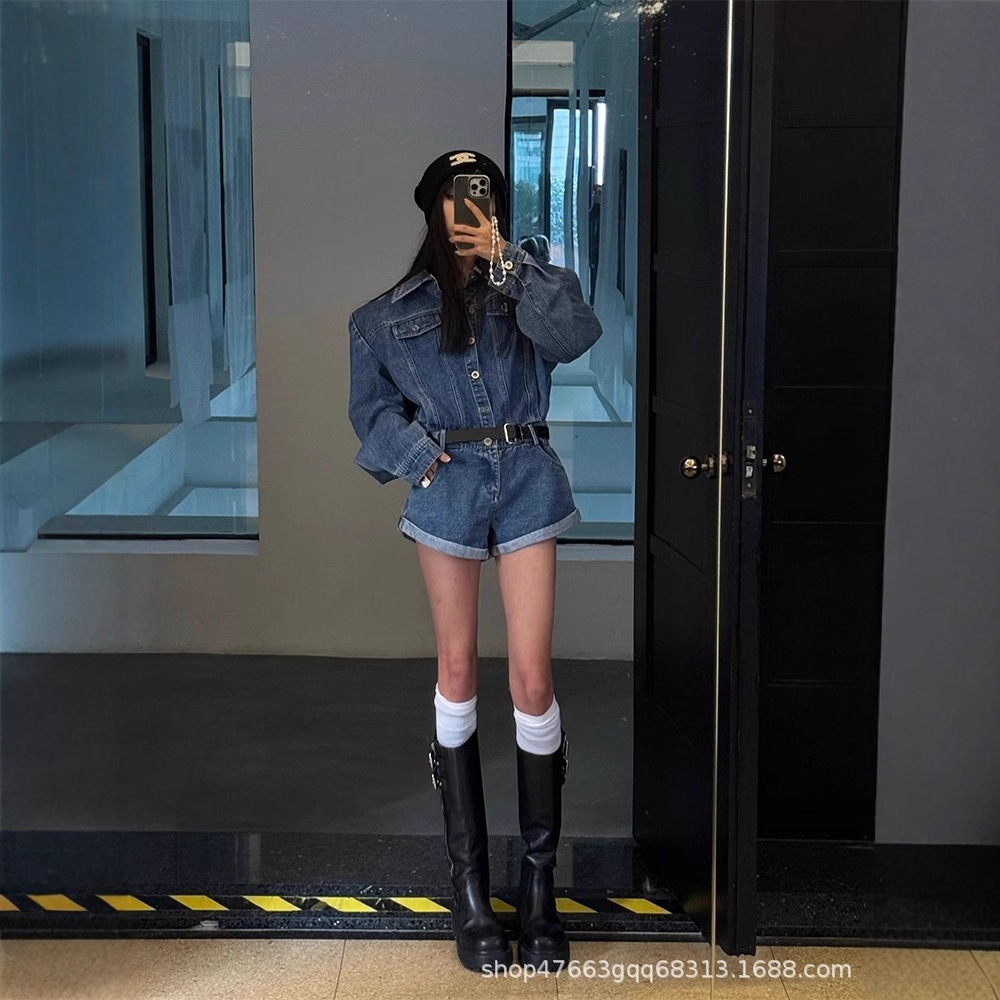 Sweet Cool Blue Denim Jumpsuit for Women 2025 Spring & Fall New Thickeneded Slimming Look Wide-Leg High-Waisted Jumpsuit Trendy