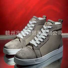 cl andgz男鞋老钱风卡其绒面牛皮铆钉高帮红底鞋女鞋情侣休闲板鞋