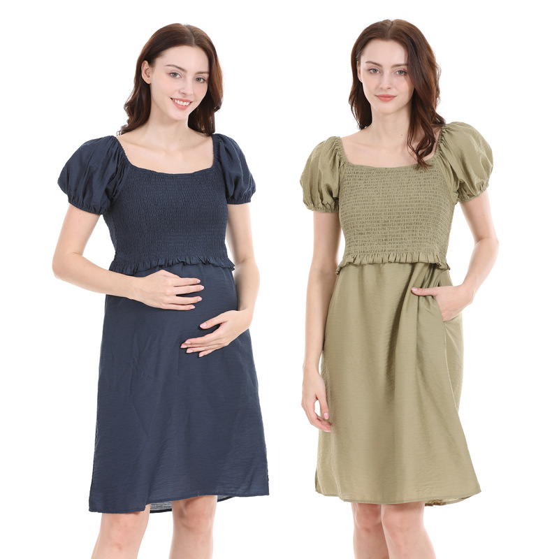Summer New European and American Pregnant Women plus size dress Puff Sleeve Outer Wear Breastfeeding dress Pleated Slimming Pregnant Women Dress
