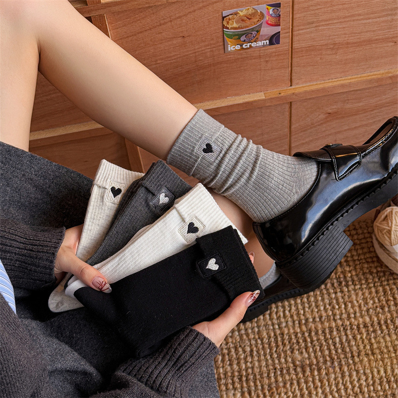 灰色翻边爱心袜子女秋冬女士中筒袜纯色欧货时尚百搭春秋堆堆袜|undefined