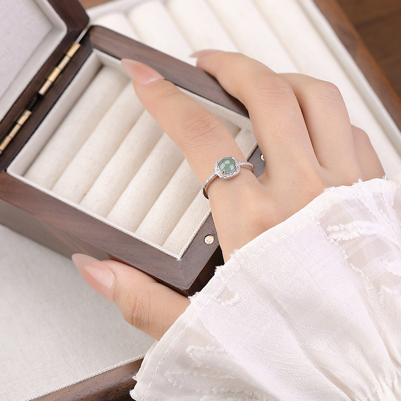 Nhẫn bạc S925 đính đá ngọc bích xanh dương phong cách đơn giản, mở có thể điều chỉnh — Bạc 925