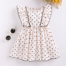 ins夏季新款飞袖黑圆点女童薄款纯棉半袖女宝连衣裙2023A字连衣裙
