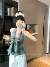 法式绿色格子系带挂脖吊带小背心女夏季蝴蝶结甜辣妹短款外穿上衣