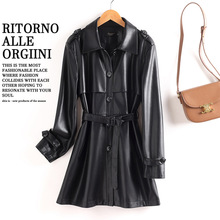 跨境批发中长款皮衣女法式气质翻领风衣春秋显瘦气质绵羊皮外套新